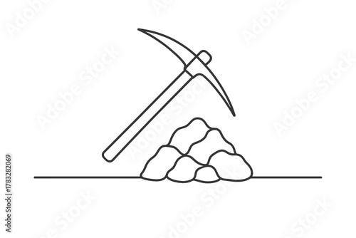 Pickaxe and Ore Silhouette. Mining Industry. Minimalistic one-line drawing pickaxe over pile of raw ore,