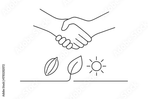 Minimalist Fair Trade. Fair Trade. Minimalistic one-line drawing two hands shaking above natural resource