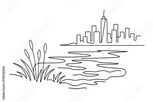 Minimalist Wetland Restoration. Wetland Restoration. Minimalistic one-line drawing natural marsh absorbing