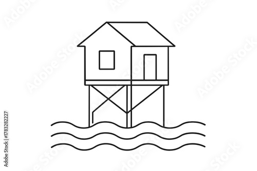 Minimal Stilt House. Elevated Structures. Minimalistic one-line drawing house on stilts above rising water,