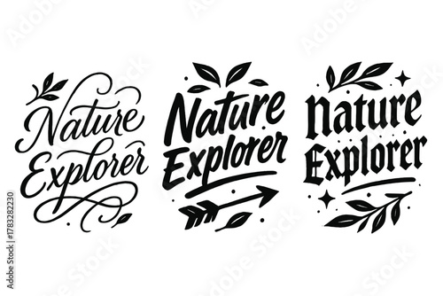 Nature Explorer Variations. Nature Explorer. Create a calligraphy lettering illustration of the phrase: Nature