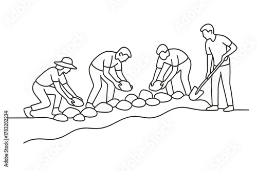 Shoreline Unity Drawing. Resilient Communities. Minimalistic one-line drawing people working together