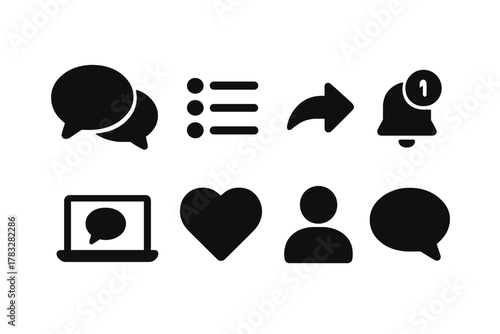 Forum Icon Set. Forums and Discussions. Filled icon set of Forums and Discussions: chat bubbles, thread list,