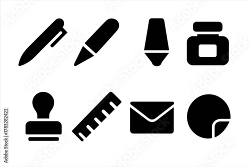 Card Writing Tools. Card Writing Tools. Filled icon set of Card Writing Tools: pen, pencil, marker, ink bottle