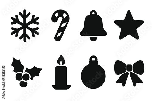 Festive Icon Set. Festive Symbols. Filled icon set of Festive Symbols: snowflake, candy cane, bell, star,