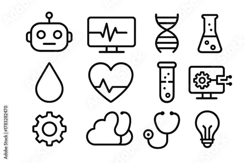 AI Medical Icons. AI medical analysis. Line outline icon set of AI medical analysis: robot head, ECG screen,