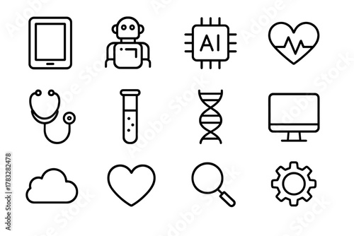 Digital Health Icons. Digital health AI tools. Line outline icon set of digital health AI tools: tablet, robot