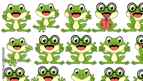 Cute set of cartoon green frog characters, funny vector amphibian collection on a white background