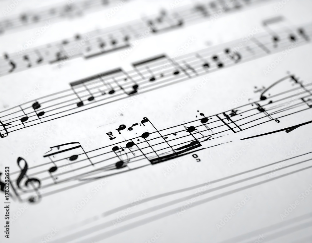 Naklejka premium Close-up of musical notation on paper, featuring treble clef and various notes & symbols