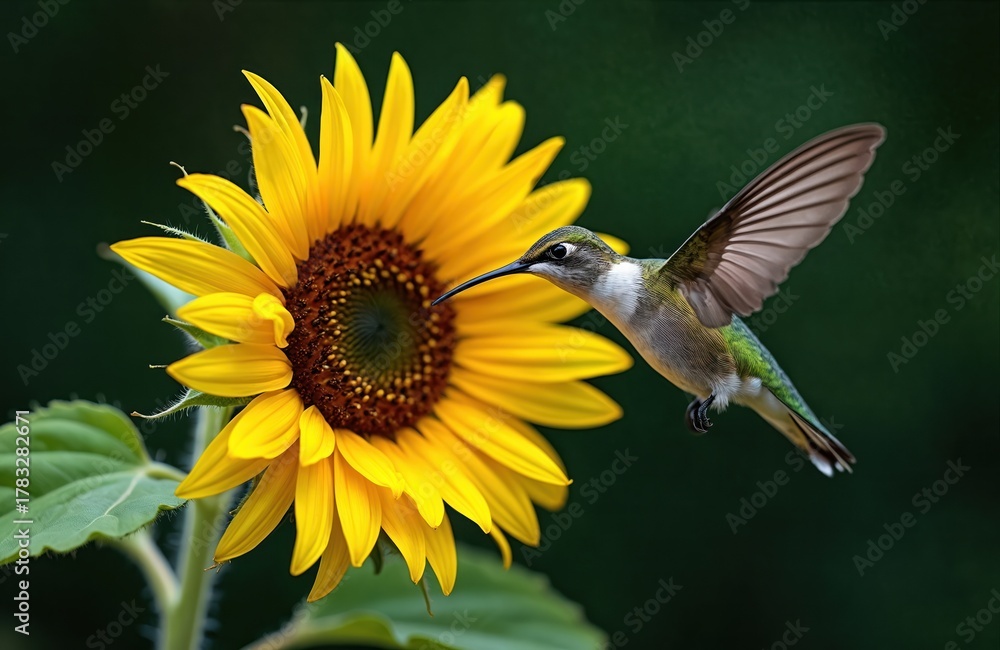Obraz premium Hummingbird approaches sunflower. The bird hovers near the bright yellow petals. The photo focuses on summer wildlife. The image shows avian nature with beautiful colors.