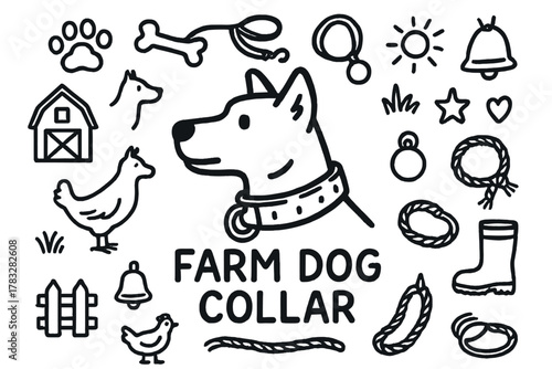 Farm Dog Collar Doodle. Farm Dog Collar. Hand-drawn doodle illustration of Farm Dog Collar. In the middle, one