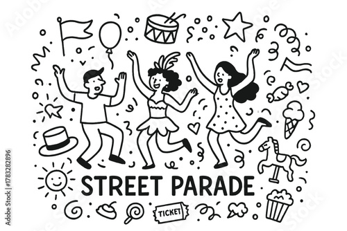Street Parade Doodle. Street Parade. Hand-drawn doodle illustration of Street Parade. In the middle, one
