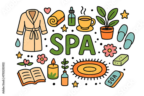 Home Spa Essentials. Home spa. Hand-drawn doodle illustration of a home spa. Bathrobe, towel, candle, cup of