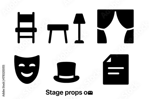 Stage Props Icons. Stage Props. Filled icon set of Stage Props: chair, table, lamp, book, curtain, mask, hat,