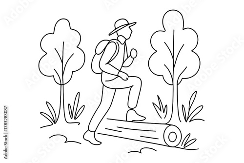 One-Line Forest Walk. Forest Discovery. Minimalistic one-line drawing figure stepping over log while observing