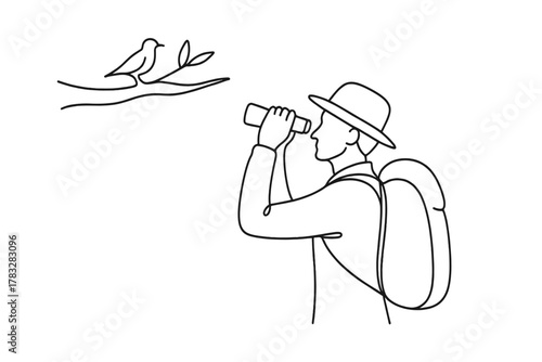 Minimalist Birdwatching Hiker. Birdwatching Hike. Minimalistic one-line drawing hiker pointing binoculars