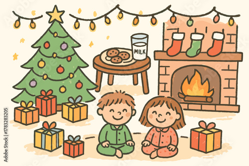 Cozy Christmas Morning. "Christmas morning". Child-like doodle illustration of a cozy living room with