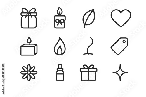 Candle Gift Icons. Candle gifting ideas. Line outline icon set of candle gifting ideas: wrapped jar, ribbon,