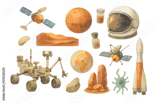 Mars Watercolor Stickers. Mars Exploration. Realistic hand-painted watercolor style sticker sheet of space