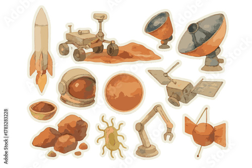 Mars Exploration Stickers. Red Planet Science. Realistic hand-painted watercolor style sticker sheet of Red