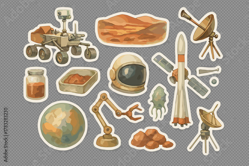 Watercolor Mars Sticker Sheet. Planetary Science. Realistic hand-painted watercolor style sticker sheet of