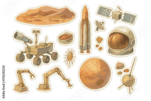 Martian Exploration Stickers. Martian Science. Realistic hand-painted watercolor style sticker sheet of