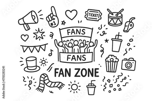 Doodle Fan Zone. Fan Zone. Hand-drawn doodle illustration of Fan Zone. In the middle, one slightly larger