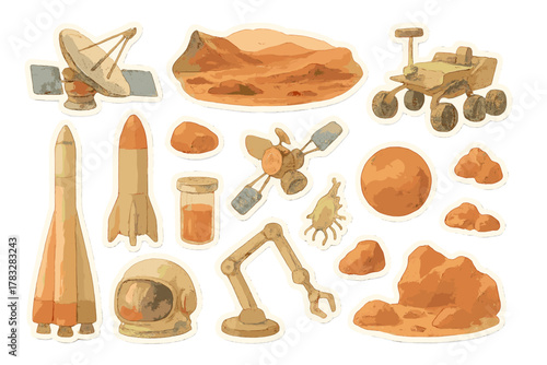 Mars Exploration Stickers. Interplanetary Research. Realistic hand-painted watercolor style sticker sheet of