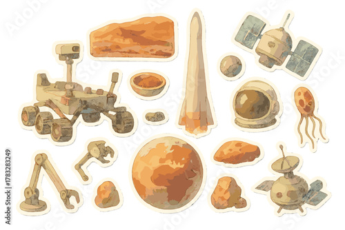 Mars Mission Watercolor Stickers. Mars Science Mission. Realistic hand-painted watercolor style sticker sheet