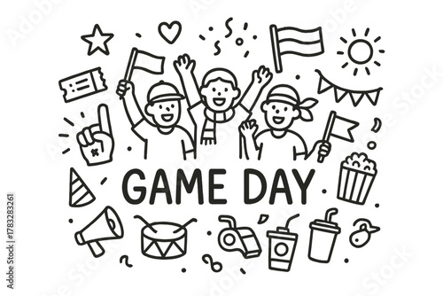 Doodle Game Day Celebration. Game Day. Hand-drawn doodle illustration of Game Day. In the middle, one slightly