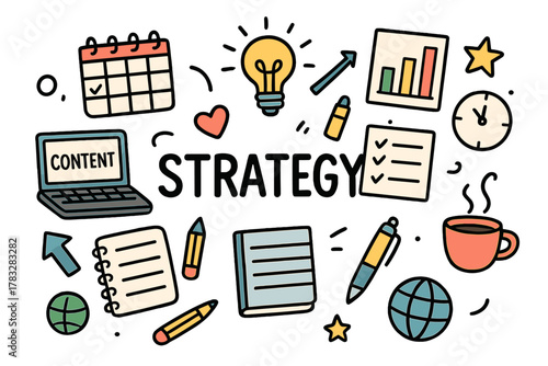 Doodle Content Strategy. Content strategy. Hand-drawn doodle illustration of content strategy. Calendar,