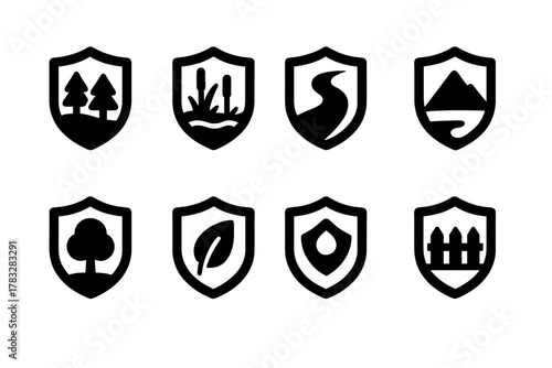 Habitat Protection Icons. Habitat Protection. Filled icon set of Habitat Protection: forest, wetland, river,