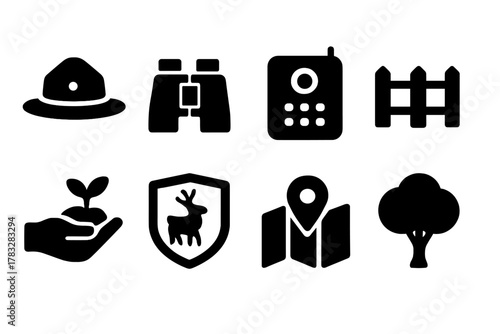 Wildlife Protection Icons. Wildlife Protection. Filled icon set of Wildlife Protection: ranger hat, binoculars