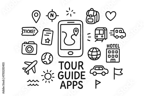 Tour Guide Doodles. Tour Guide Apps. Hand-drawn doodle illustration of Tour Guide Apps. In the middle, one