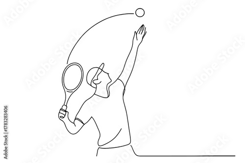 Minimalist Tennis Serve. Visualization. Minimalistic one-line drawing tennis player imagining serve trajectory