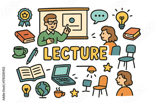Lecture Doodle Burst. Lecture session. Hand-drawn doodle illustration of a lecture session. Teacher, student,