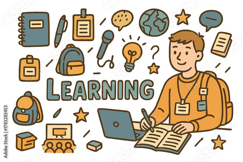 Inspiring Learning Doodles. A student attending an educational conference to learn new ideas. Hand-drawn