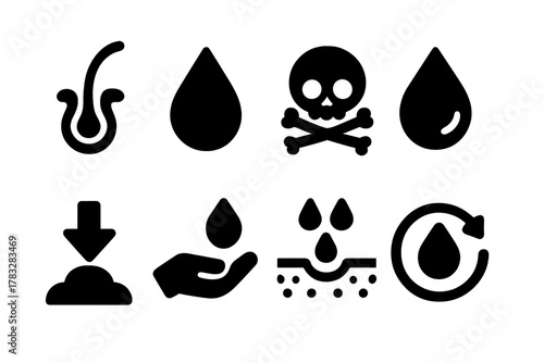 Excretion Icon Set. Excretion. Filled icon set of Excretion: sweat gland, water droplet, toxin symbol, urine