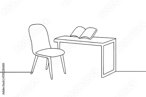 Minimalist Counselor Office. Counselor Office. Minimalistic one-line drawing cozy office with chair, desk, and