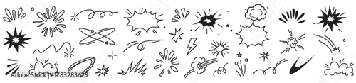 Line speed cartoon effect, boom explosive motion line element set. Comic boom burst, explosive smoke, line speed cartoon vector icon. Hand drawn sketch doodle action effect. Vector illustration