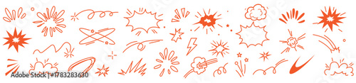 Line speed cartoon effect, boom explosive motion line element set. Comic boom burst, explosive smoke, line speed cartoon vector icon. Hand drawn sketch doodle action effect. Vector illustration