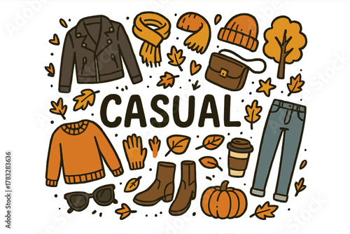 Autumn Fashion Essentials. Casual autumn look. Hand-drawn doodle illustration of casual autumn look. Leather