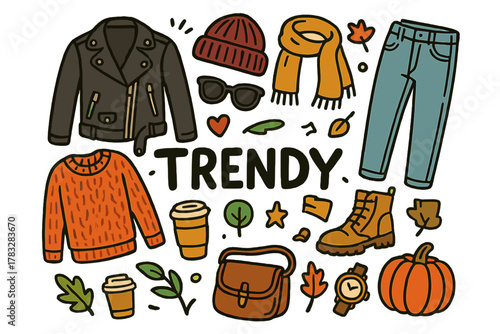 Trendy Outfit Doodle. Trendy outfit. Hand-drawn doodle illustration of a trendy outfit. Leather jacket, boots,