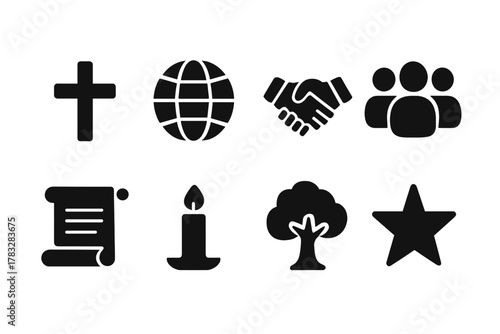 Cultural Icon Set. Cultural Beliefs. Filled icon set of Cultural Beliefs: religious symbol, globe, handshake,