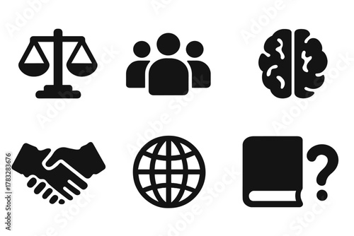 Ethics Icon Set. Ethics and Society. Filled icon set of Ethics and Society: scales of justice, people group,