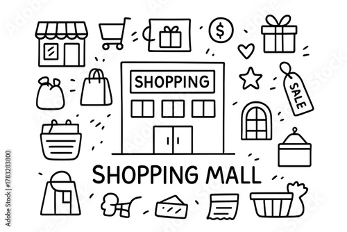 Shopping Mall Doodle. Shopping Mall. Hand-drawn doodle illustration of Shopping Mall. In the middle, one