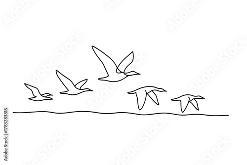 Minimalist Bird Migration. Migratory Birds. Minimalistic one-line drawing flock of birds flying low over