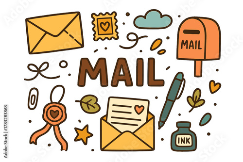 Playful Mail Doodle. Mailing letters. Hand-drawn doodle illustration of mailing letters. Envelope, letter,