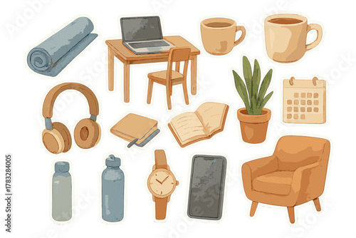 Watercolor Wellness Stickers. Wellness Balance. Realistic hand-painted watercolor style sticker sheet of