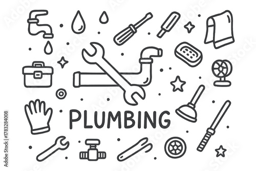 Plumbing Doodle Art. Plumbing. Hand-drawn doodle illustration of Plumbing. In the middle, one slightly larger